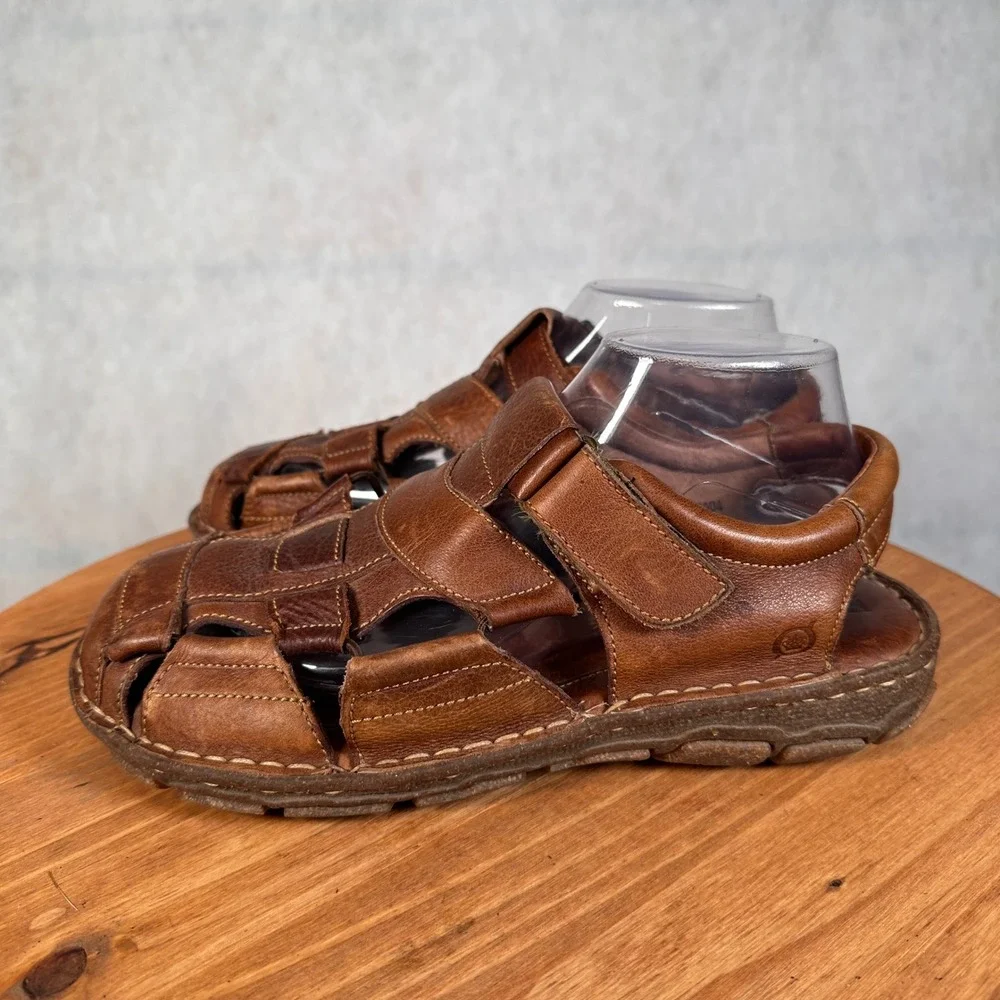 Born Fisherman Sandals Mens 8 Brown Good Leather Caged M6504 Hook Loop Strap
